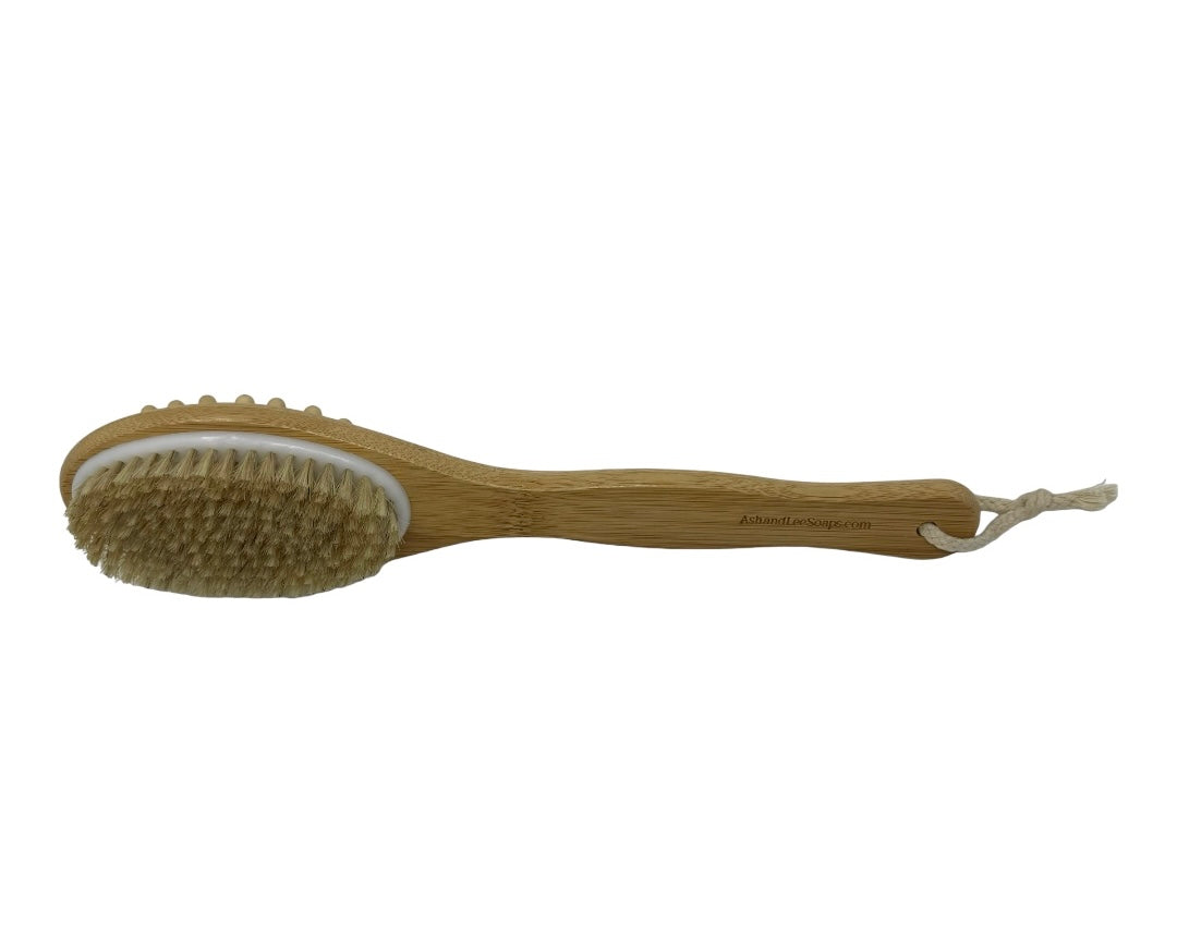 Bamboo Double Sided Dry Brush | Massaging Nodules | Sisal Bristles | Plastic Free | Exfoliating Bath Brush | Long Handle Body Brush