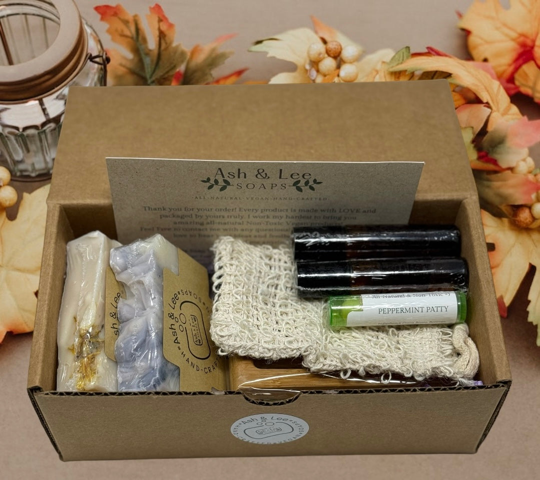 Limited Edition | Thanksgiving Gift Box | 2 Artisan Soaps | 1 Soap Tray | 1 Sisal Soap Saver | 2 Essential Oil Rollers | 1 Chapstick